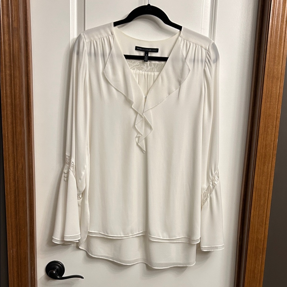 White House Black Market Ivory Blouse with Ruffle Accent